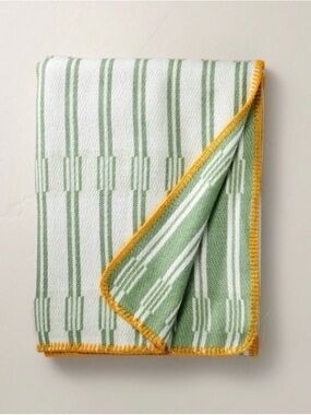 Hearth & Hand Green and White Striped Throw Blanket with Yellow Trim NWT